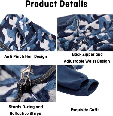 Зимовий комбінезон для собак з блискавкою, D-початком, світловідбиваючими смугами та регульованою протишерстю, вітрозахисна куртка для собак малих, середніх та великих порід, розмір M, блакитний. Розмір M: Довжина спини: 45 см, Обхват грудей: 63 см