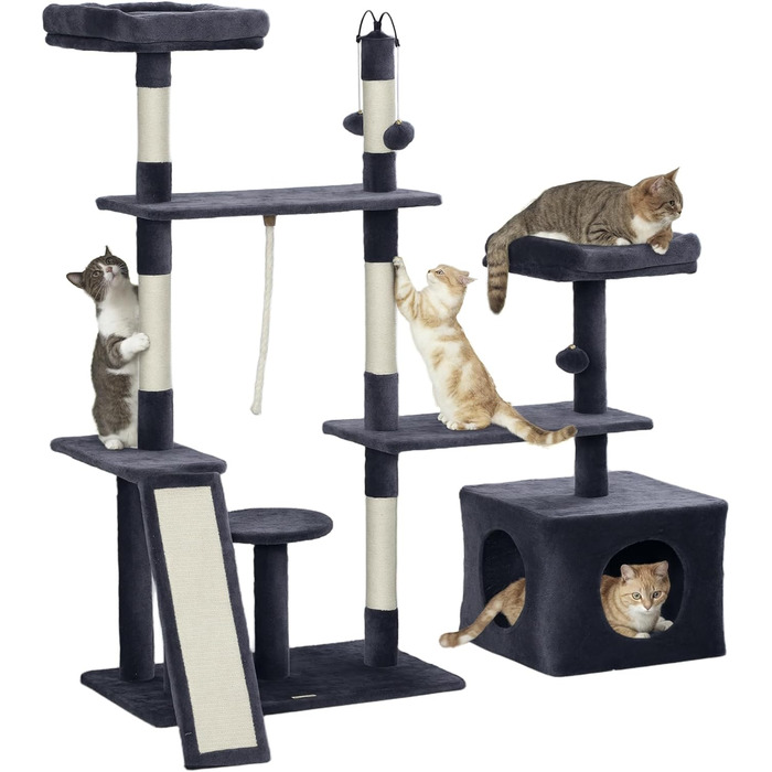 Кігтеточка PawHut для котів, 134 см, кігтеточний комплекс з платформами, іграшками та сизалевими стовпчиками, темно-сірий