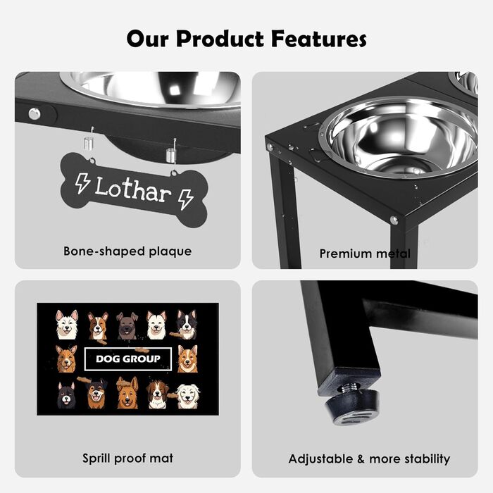 Підвищені годівниці для собак великих та екстра-великих порід, підставка для мисок з нержавіючої сталі (2,863 г) та не проливаючим килимком, годівниця висотою 43,2 см для великих порід, висота: 43 см (чорний)