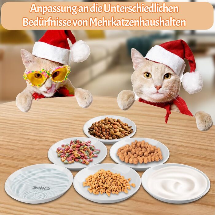 Набір мисок для котів CROUTE (6 шт.) - керамічні, плоскі, анти-високочування, білий (візерунок 'Рибка')