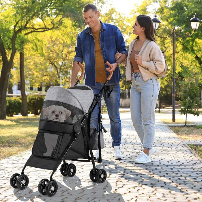 Візок для собак YITAHOME - переноска для тварин до 11,3 кг, з сіткою, тримачем для напоїв, кошиком та переноскою (сірий/чорний)