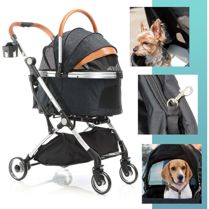 Візок для собак Fudajo 2в1, розкладний, з сумкою-переноскою, для собак та котів (чорний, до 15 кг)