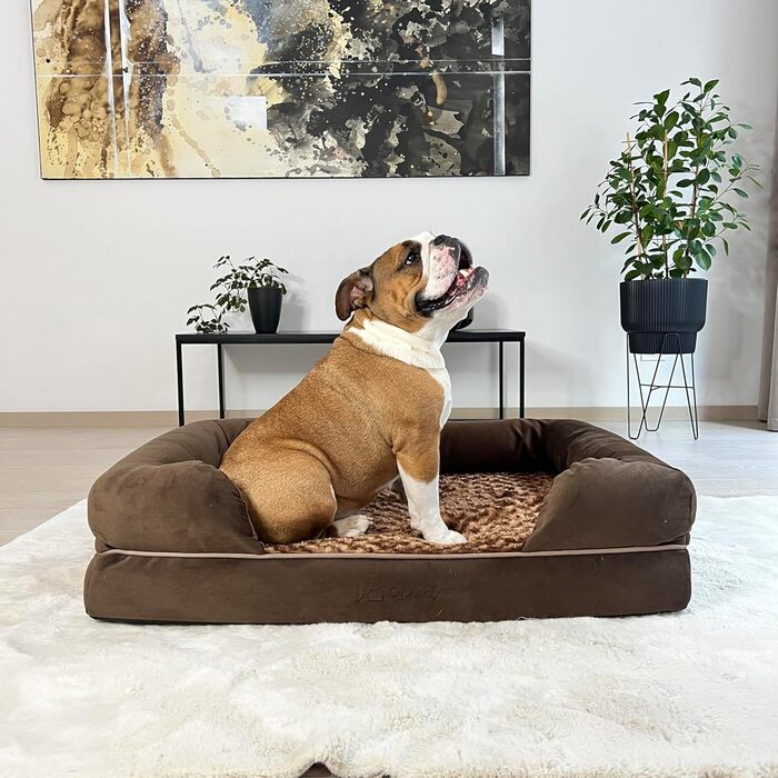 Ортопедичне собаче ліжко для великих собак, водонепроникне, знімний та миючий чохол, віскоеластична піна, заспокійливий плюш, піднятий борт, 90x65x23 см, коричневе