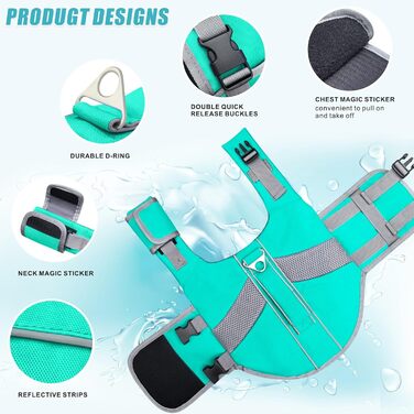 Рятувальний жилет для собак з високою плавучістю, світловідбиваючий, для плавання, катання на човні, серфінгу, каякінгу. Підходить для собак маленьких, середніх та великих порід. Колір: зелений (світло-блакитний), розмір: L