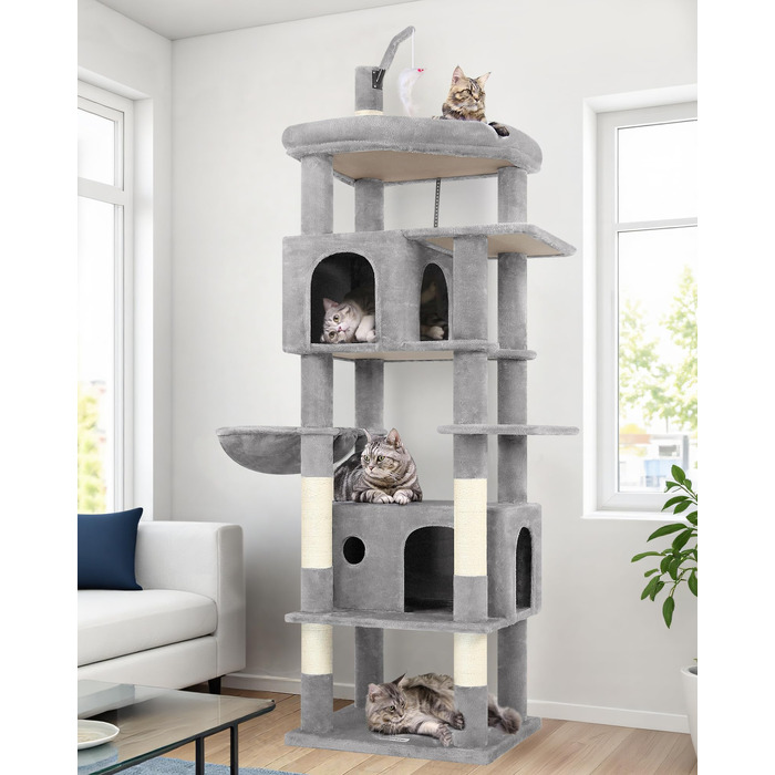 Комплекс для котів Globlazer Kratzbaum 188 см з 2 будиночками, платформами, кошиком та іграшками - світло-сірий