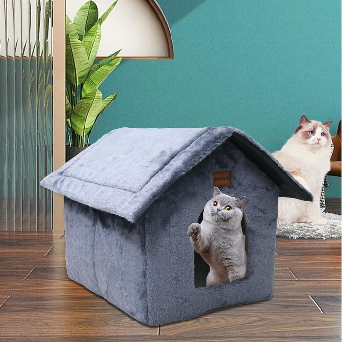 Whiwhi плюшева котяча хатка з м'якою подушкою, переносна котяча будка з нековзкою основою, теплий та затишний будиночок для котів і дрібних тварин, 40x35x40 см, темно-синій
