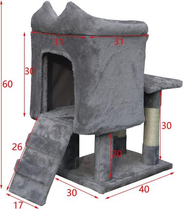Котячий будиночок та кігтеточка Fudajo темно-сірого кольору 60 см з платформою, лежаком та ігровим м'ячиком, кігтеточка з драбиною, меблі для котів з сизалю