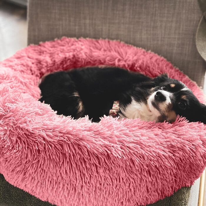 Кругле собаче ліжко для собак та котів 60 см - М'яке, пухнасте ліжко з високими бортиками - Нековзний низ - Силіконова наповнювач для комфорту та тепла - Легке у догляді - Рожеве