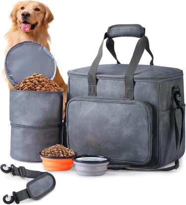Лававін Чорна дорожня сумка для собак та котів, дорожній набір, з контейнерами та мисками, сіра