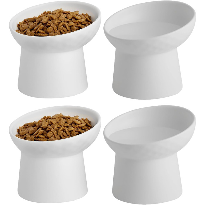 Набір мисок для котів з кераміки (4 шт.), підняті, нахилені, для корму та води, без стресу, запобігання зворотному потоку, придатні для миття в посудомийній машині та мікрохвильовій печі, без свинцю та кадмію