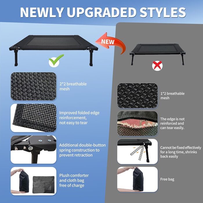 Підвищене собаче ліжко echeckige, складане, з піднятим каркасом та знімним килимком, портативне, вологостійке, для маленьких собак, для дому та вулиці, кемпінг, подорожі (L, чорний)