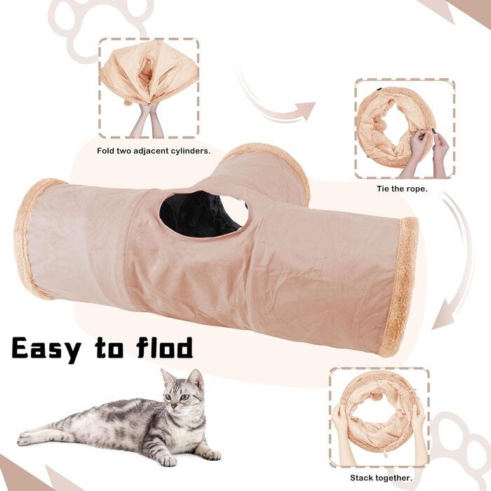 Туннель для котів Mymai з м'якого велюру, інтерактивний шуршачий тунель з 2 іграшками, для кошенят, кроликів та інших дрібних тварин (Хакі, B)