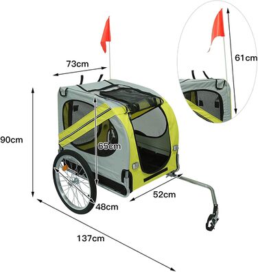 Складаний велозачіп для собак, Oxford-тканина, з ременем безпеки та прапорцем (137x73x90 см, жовто-сірий)