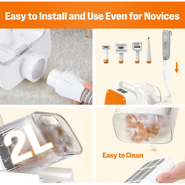 Набір для догляду за собаками Kitplus: 11 інструментів, потужність 12000 Па, LED-дисплей, об'єм контейнера 2 л