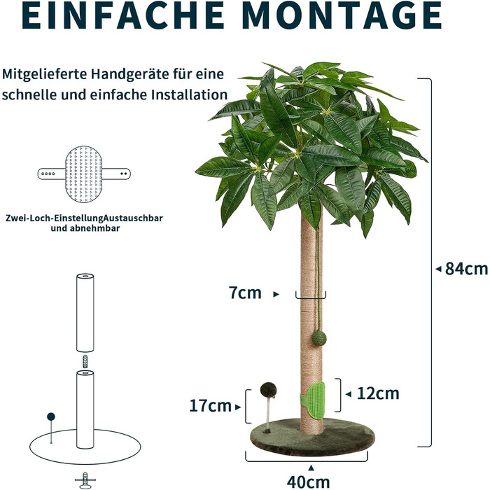 Котяча кігтеточка Meowoou з м'ячиком та стовпчиком 89 см з сизалевого мотузка, кігтешкребок для котів будь-якого віку (Fortune Tree)