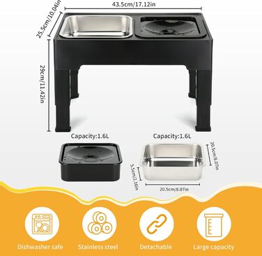 Підвищена годівниця для собак PETTOM (2 x 1.6л), 4 положення регулювання висоти, годівниця з нержавіючої сталі, миска для води без протікання, складна та нековзна годівниця для собак великих та маленьких порід
