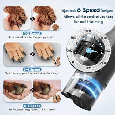 Електричний точило для собачих нігтів Gimars, 6 швидкостей, з LED-підсвічуванням, USB-зарядка (сірий)
