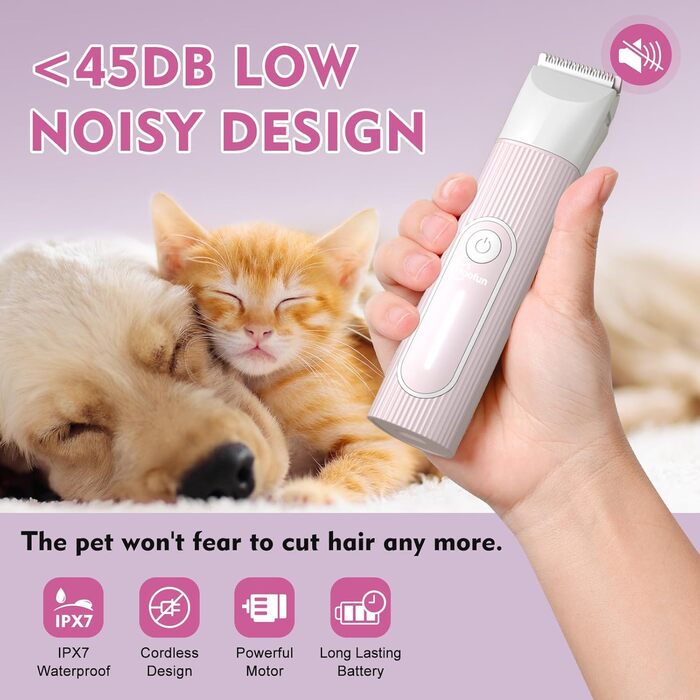 Машина для стрижки собак та котів Hoofun 4-в-1, бездротова, водонепроникна IPX7, професійна, з 4 насадками, для собак, котів, кроликів (рожева)