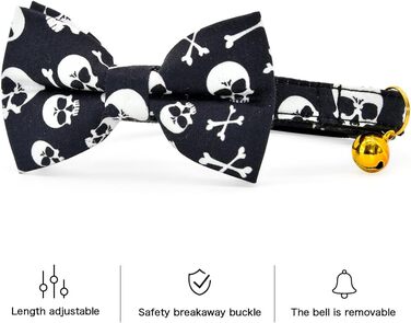 Чорний метелик для котів з черепами та перехрещеними кістками, нашийник-запобіжник, тематика Хелловін, аксесуари для котів, розмір XS (20,3-33 см)