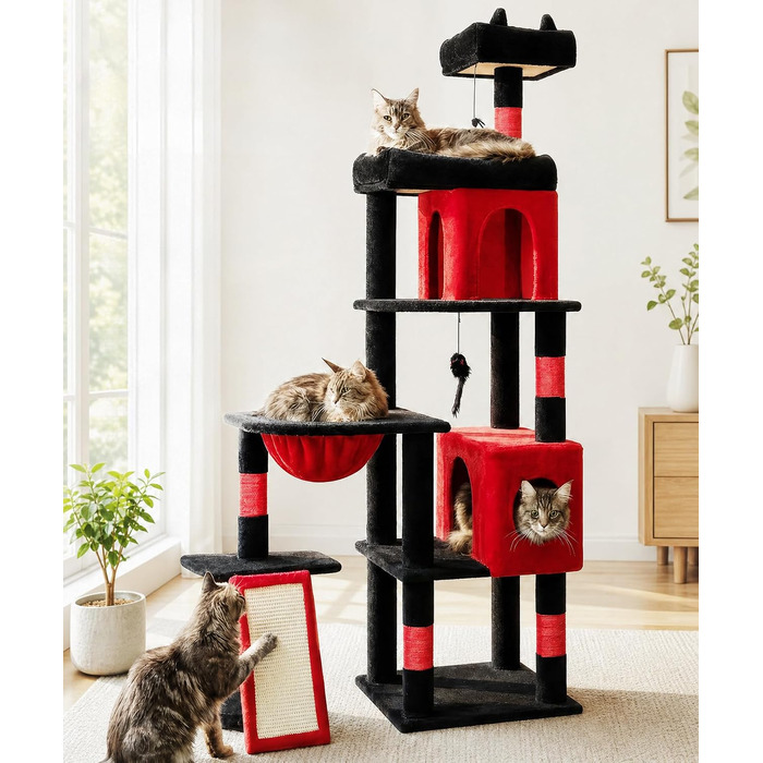 Комплекс для котів Kratzbaum XL 173 см: Дряпка-стовпчик з печерами, платформами, кошиком та іграшками (PMT02DG, Чорний+Червоний)