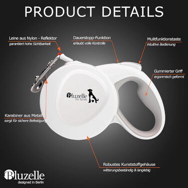 Блузель 8м Рулетка для собак до 50 кг, Неонова жовта рулетка з відбивачем, карабін 360°, ергономічна ручка з гумою та стопором