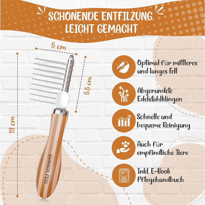 Гребінець для собак та котів Golden Pets Entfilzer Kamm для середньої та довгої шерсті | Підходить для собак та котів будь-якого розміру | Зі згладженими зубцями + Е-book з догляду за шерстю | 9 лез | Бамбук