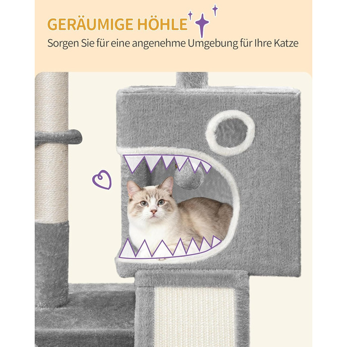 Кігтеточка для котів Hzuaneri, 98 см, з платформою, іграшками та кігтедраперами, сіра