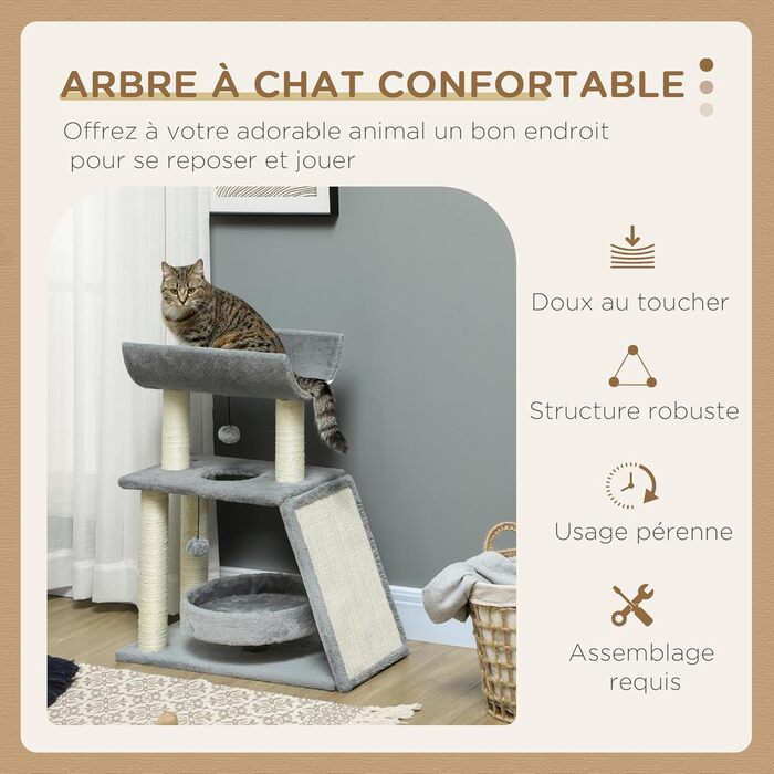 Котячий комплекс PawHut Cosy Chic, багатофункціональний, дерев'яний когтеточка, ігровий центр з лежаком, платформами, іграшкою, сірий, 60x30x76 см