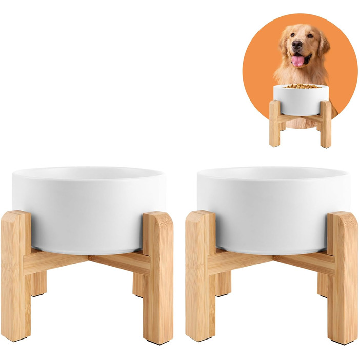 Набір керамічних мисок для собак Oungy 2 шт. з підставкою з бамбука, антиковзаючі, 850 мл, білі. Підходять для собак та котів