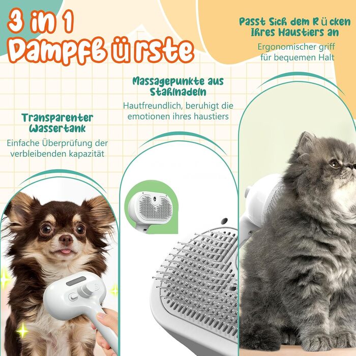 Двокомпонентна щітка для котів з парою, 2 шт. Щітка для котів та собак з розпилювачем, знімна, портативна. Підходить для короткої та довгої шерсті, видалення шерсті та догляду (білий)