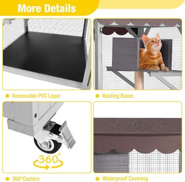 X-ZONE Кiтiо для кота на колесах: будиночок з ліжком, когтеточкою та платформами, водовідштовхувальне покриття (сірий), 80x80x182.5 см