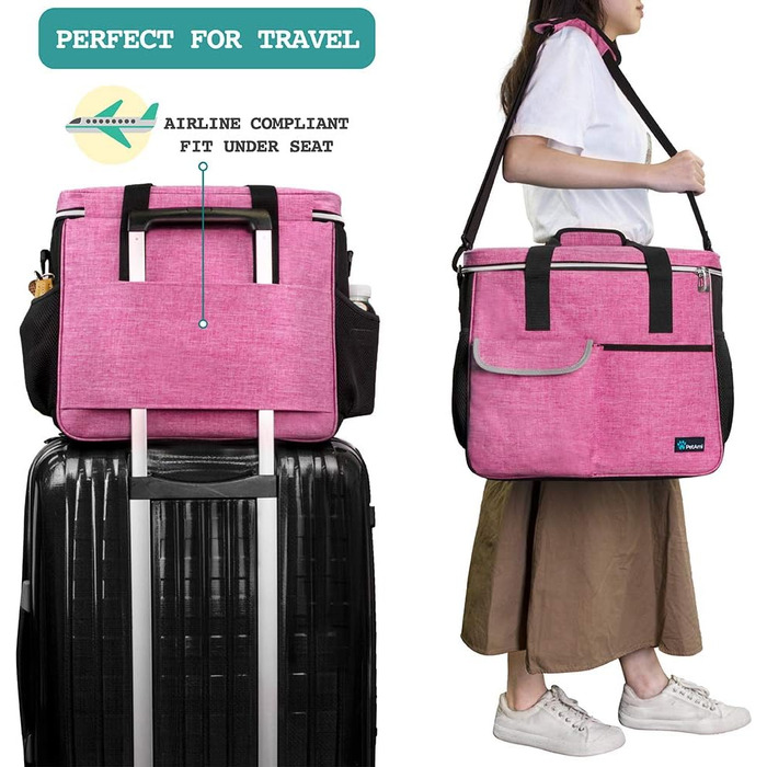 PetAmi Транспортна сумка для собак та котів, відповідна стандартам авіакомпаній, з органайзером, контейнером для їжі та складним мисником (Рожева, велика) 15.5'L x 9.5'W x 14.0'H