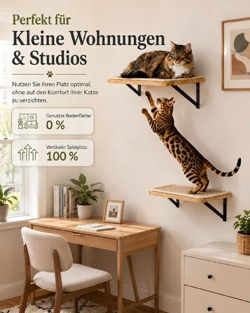 Комплект настінної драбинки для котів Katzen Kletterwand з 4 рівнями: 2 сходинки та 2 майданчики для сну, соснове дерево, настінне кріплення