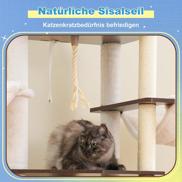 Дерев'яний кігтеточки Hey-brother Holz Kratzbaum 184 см для великих котів, багатоярусний, з платформою, корзиною, будиночком, щіткою та драбиною (Brun Vintage) EMPJ121WB