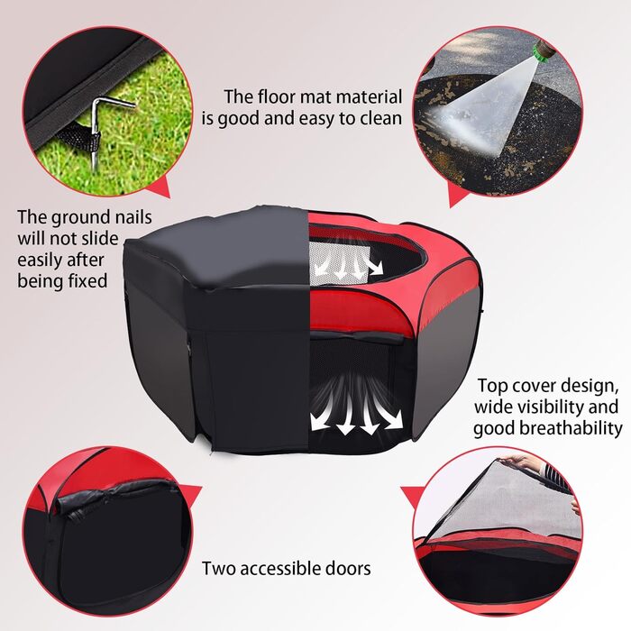Складана переносна клітка для курчат, загон для собак, клітка-намет, клітка з килимком, клітка для собак великого розміру, матеріал Оксфорд, для дому та вулиці, червоно-чорна