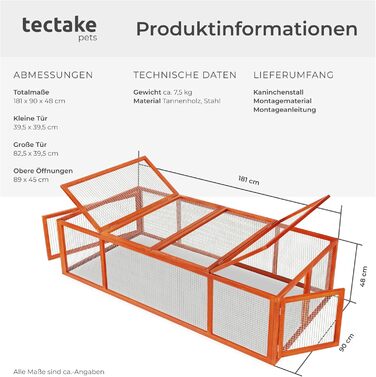 Вольєр для гризунів tectake, дерев'яний клітка для хом'яків, кроликів та морських свинок, 4 двері, металеві ґрати, 181x90x48 см, коричневий