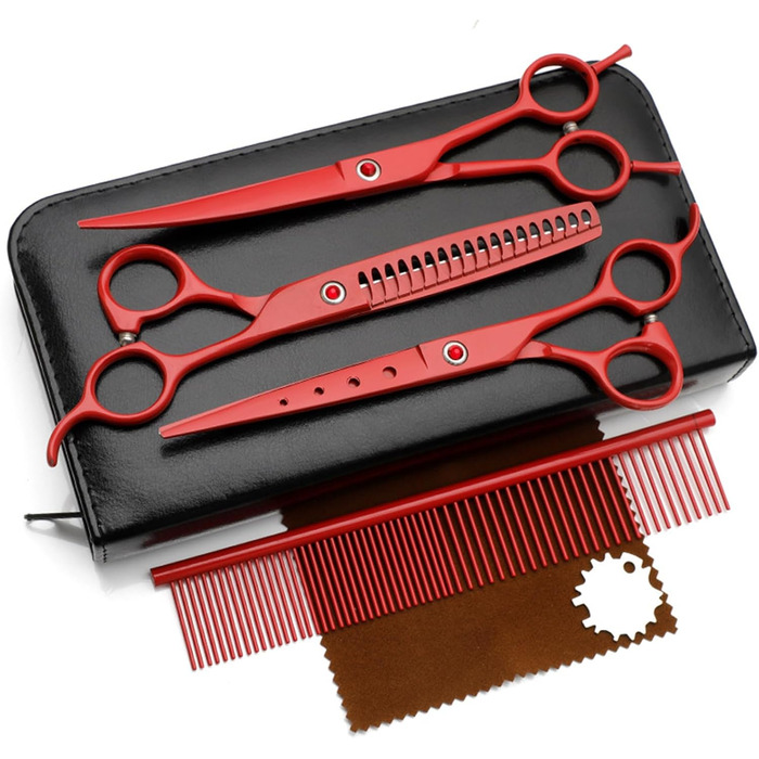 Набір для стрижки собак 4 в 1: прямі, зубчасті та вигнуті ножиці, гребінець. Підходить для собак, котів та інших тварин (червоний)