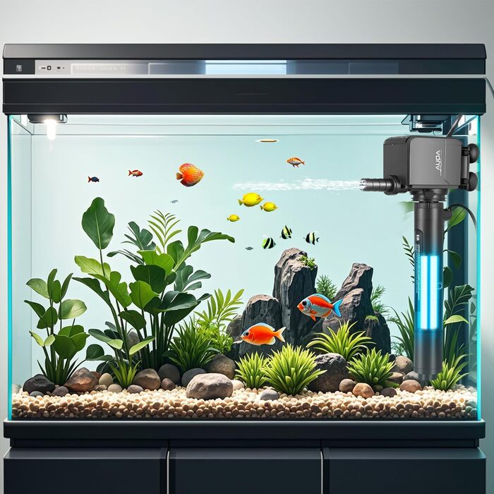Фільтр для акваріума Aolawco U-V, 120-900 л, 4-в-1 з таймером, 8W лампа проти водоростей, 20W, 1200 л/год