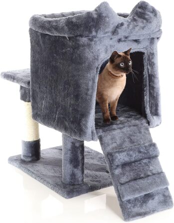 Котячий будиночок та кігтеточка Fudajo темно-сірого кольору 60 см з платформою, лежаком та ігровим м'ячиком, кігтеточка з драбиною, меблі для котів з сизалю