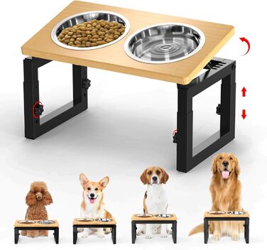 Підвищена годівниця для собак середніх та великих порід, чорна. 2 миски з нержавіючої сталі, регульована висота