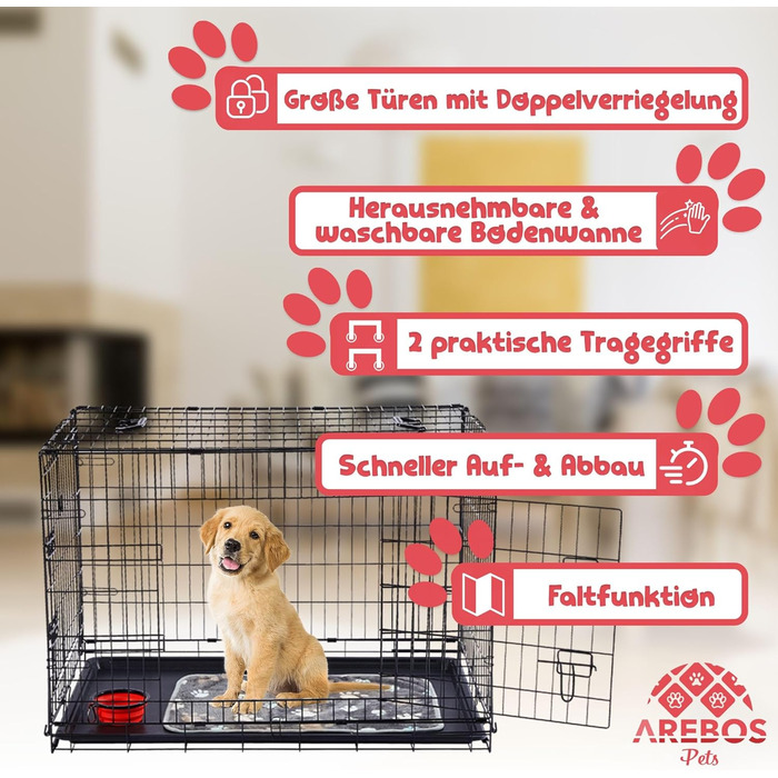 Клітка для собак Arebos | Транспортна переноска для собак, складана | Клітка-переноска для авто | Клітка для собак з 2 дверцятами | Чорна (92,5 x 60 x 66 см)