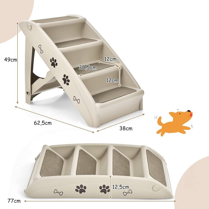 Сходинки для тварин GYMAX: 4 сходинки, складна конструкція, пластик, антиковзкі підкладки, килимки, для котів та собак (Бежевий)