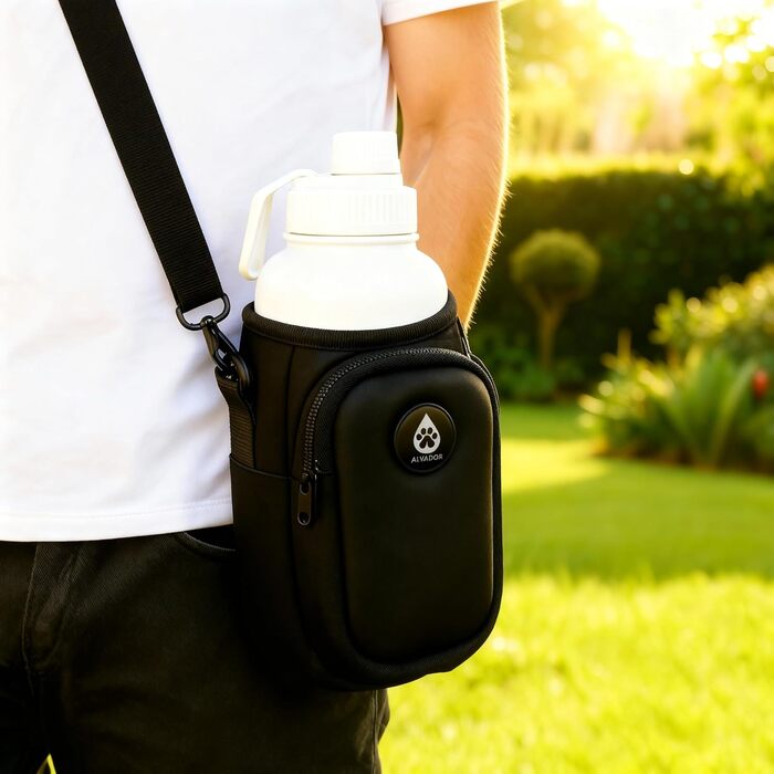 Водяна пляшка для собак на 1000 мл з мішком, 4-в-1, нержавіюча сталь, ізольована, без витоку, BPA-free з мисками для води та їжі, аксесуари для собак для прогулянок та походів (кремово-білий)