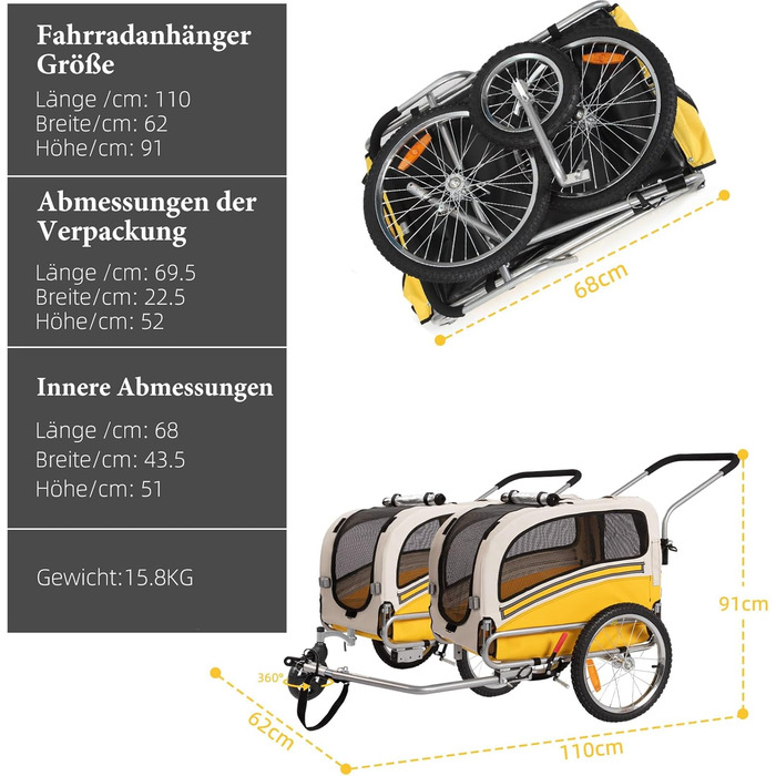 Причеп-перевозник для собак 2-в-1 для велосипеда та бегу - для собак до 30 кг, складний, з гальмами, сигнальним прапорцем, для активного відпочинку та дому, легко збирається (Жовтий)