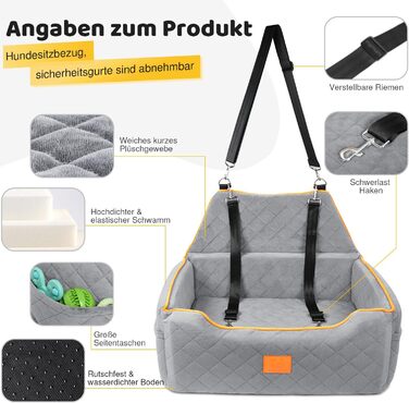 Зручний собачий сидіння для великих та середніх собак, до 25 кг, знімний та пральний, з товстими подушками та кишенями для зберігання (сірий)