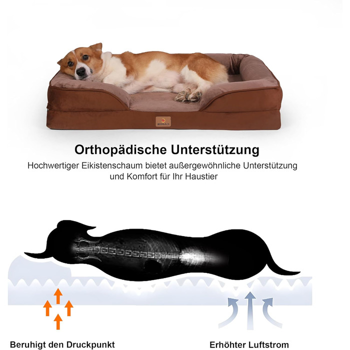 Ортопедичне ліжко для собак великих порід, ергономічне диван-лежанка з піною у формі подушки, водовідштовхуваче ліжко з неслизьким покриттям, 89x63 см, світло-сірий, коричневий, розмір 89 x 63 x 17 см