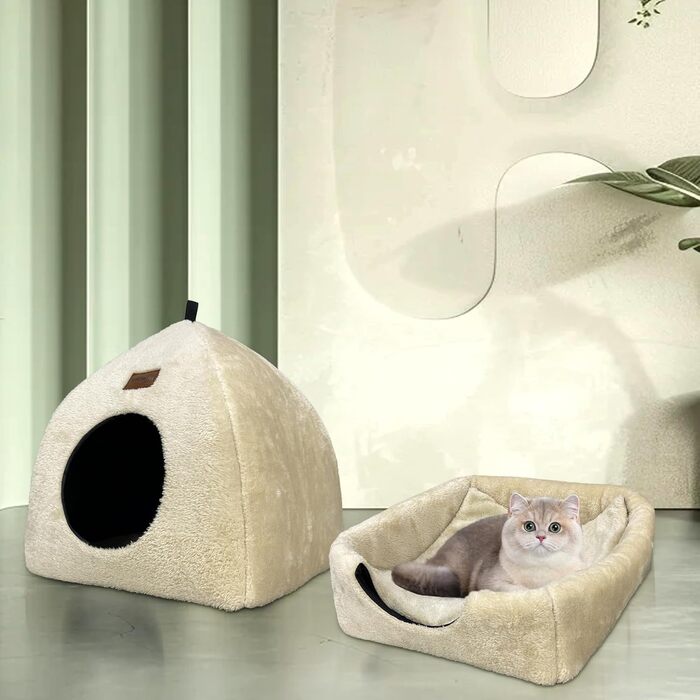 Котяча хатка Whiwhi для дому, складаний будиночок намет для котів з м'якою плюшевою подушкою, бежевий, розміри 45x45x41 см та 33x33x35 см