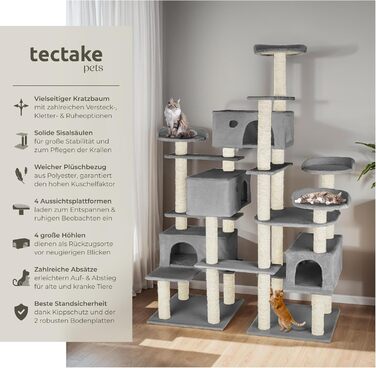 Дерево для котів Tectake® велике, з аксесуарами, XXL, 4 будиночки, ігровий комплекс, стовпчик для дряпання з сизалю, сірий | 403920