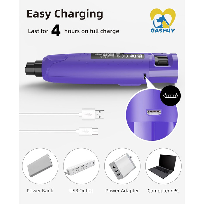 Електричний точилка для кігтів собак Casfuy - 6 режимів, 45 dB, з LED-підсвічуванням, для собак та котів великих, середніх та малих порід, фіолетовий