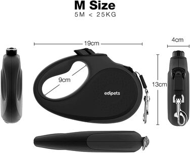 Нашийник для собак Edipets, висувний поводок 5 м, нейлон, 360°, чорний (M)